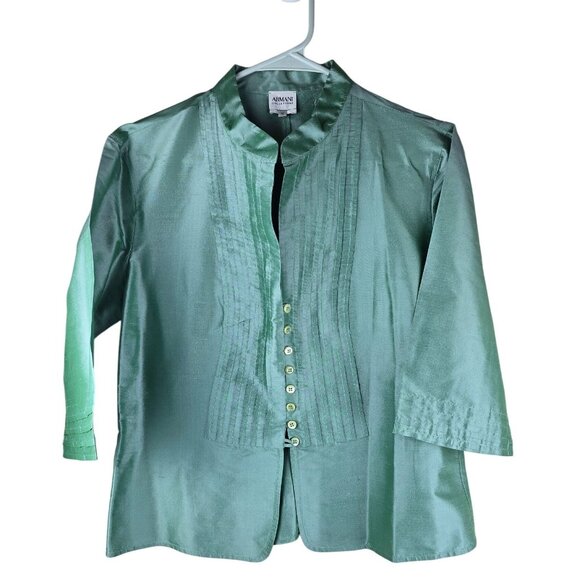 Armani Collezioni - Aqua Green Metallic Silk Satin Button-Front Blouse Sz 12